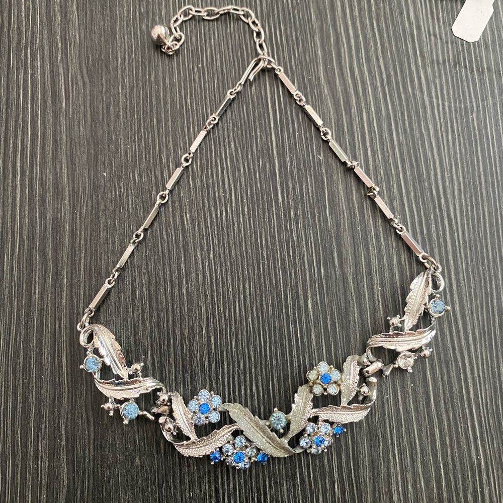 Coro Silver-Tone vintage Necklace with Blue Floral Rhinestones